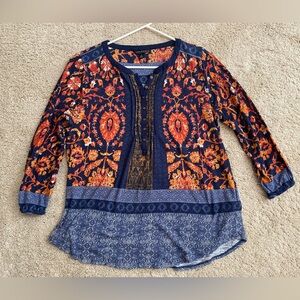 Lucky Brand Women's Top - Navy and Orange Floral